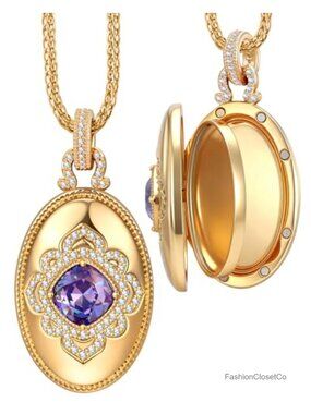 Handcrafted 14k Gold Plated Locket Necklace with Swarovski Crystals, 4 Photo